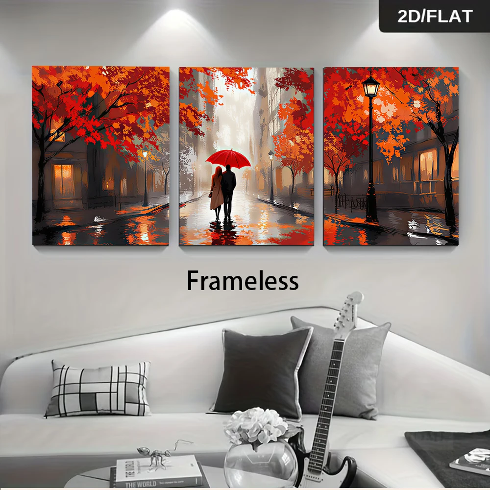 1 set of three frameless 2D paintings depicting a couple holding a red umbrella on a rainy autumn night.