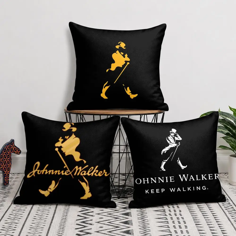 J-Johnnie W-Walker Logo Cushion Cover Double-Sided Plush Sofa Cushion Covers Organic Breathable Invisible Zipper