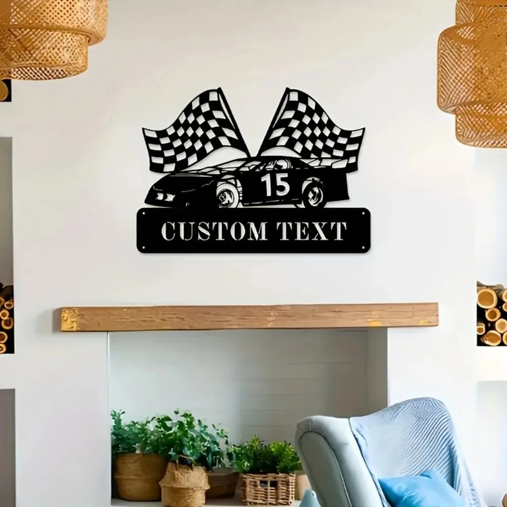 [2D Flat] Personalized Race Car Checkered Flag Metal Wall Sign Garage Custom Text Decor (Only For Decoration)