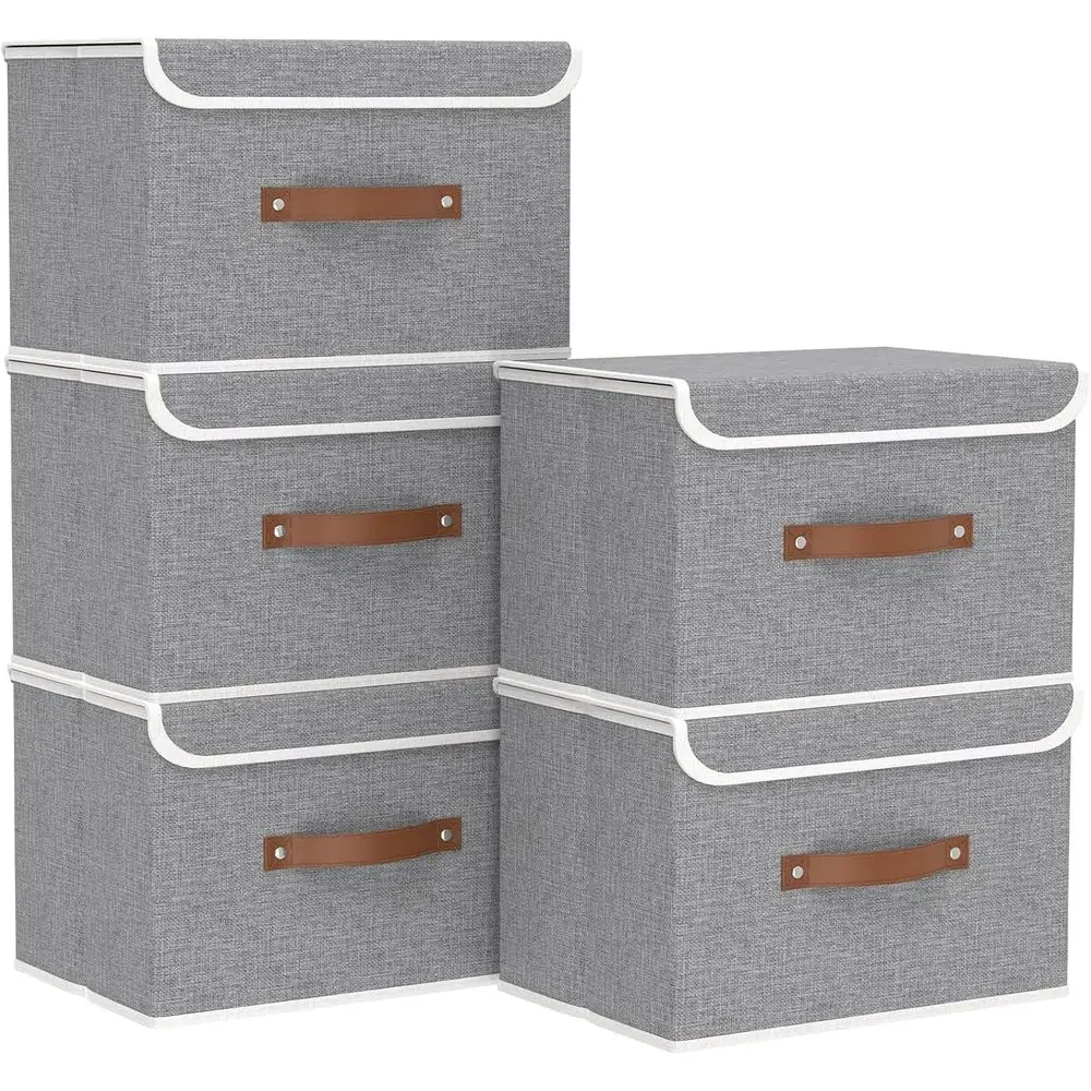 

Storage Bins with Lids, Closet Baskets, Washable and Leather Handle, Collapsible Boxes for Home, Grey, 17.7''Lx11.8''Wx11.8''H,