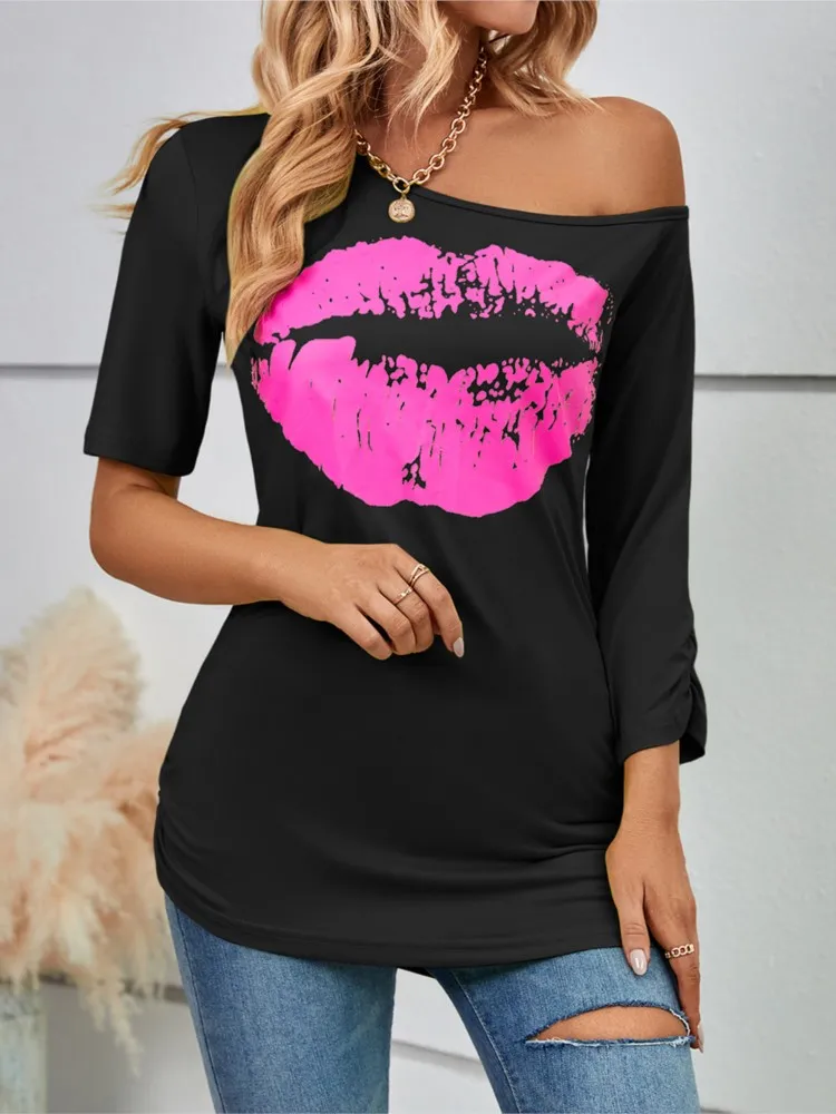 Casual Lips Print Short Sleeve T-Shirt Women\'s Off Shoulder Fashion Slim Top Summer Elegant Office Tops T Shirt Tshirts New