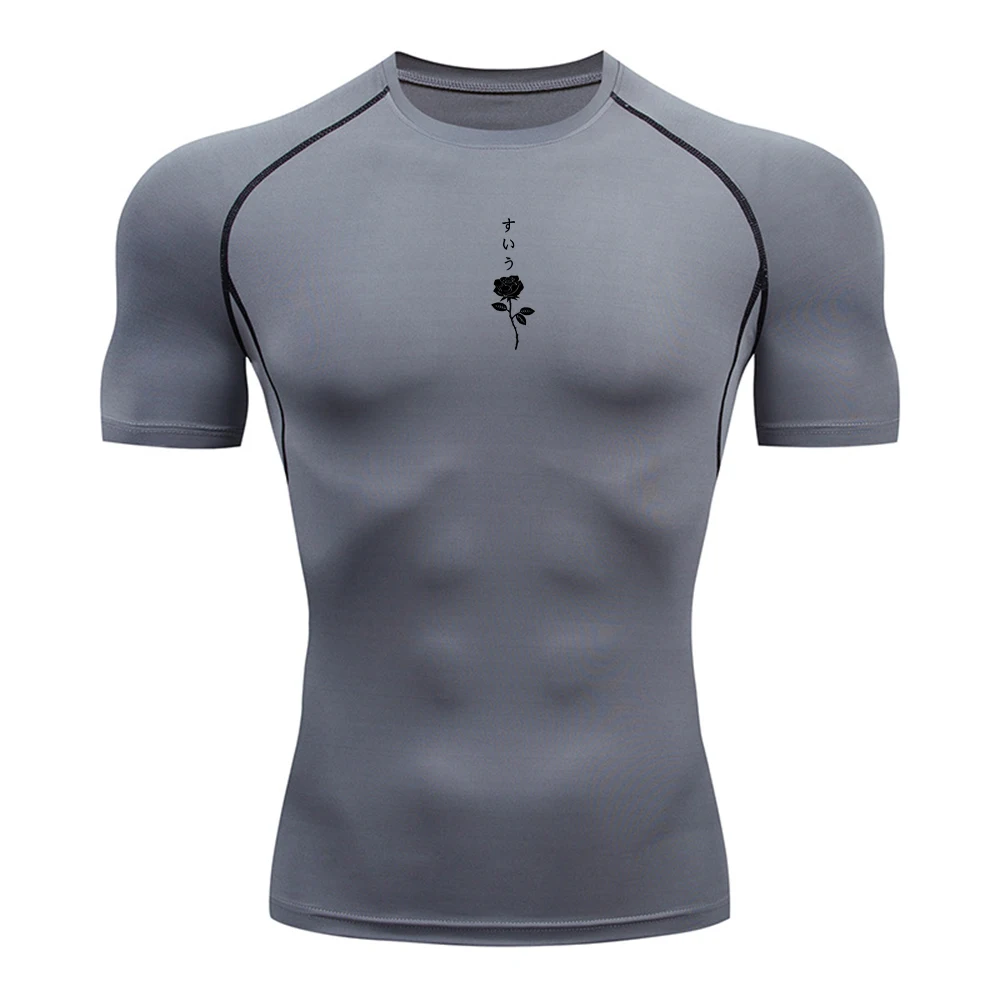 Men's Trendy Rose Print Compression T-Shirt Quick Drying Slim Fit Short Sleeve Top For Running Cycling Fitness And Casual Wear