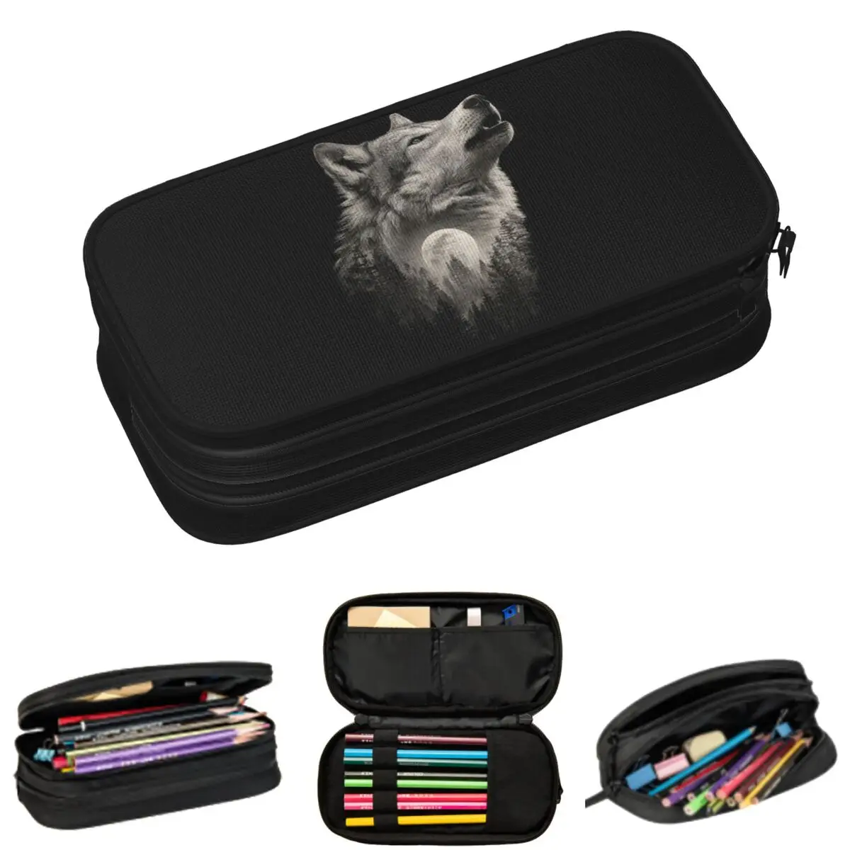 

Wolf In The Wild Watercolor Pencil Cases for Student School Pen Box Pencil Bag Big Capacity Pencil Pouch