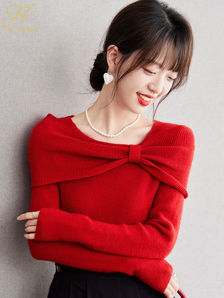 H Han Queen Autumn Top New Korean Bow Vintage Red Elastic Knitted Pullover Sweaters Simple Basic Bottoming Shirt Sweater Women