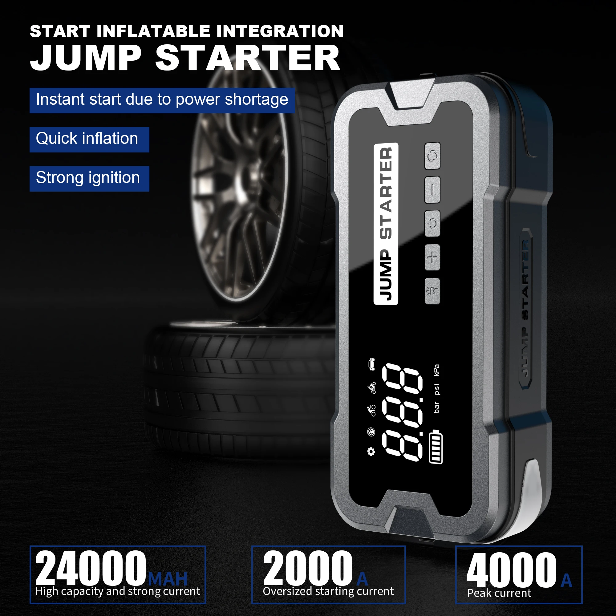 4000A Portable Car Jump Starter & Air Compressor with LED Light - Fast Charging, USB Powered for Cars, Bicycles, Motorcycles - B