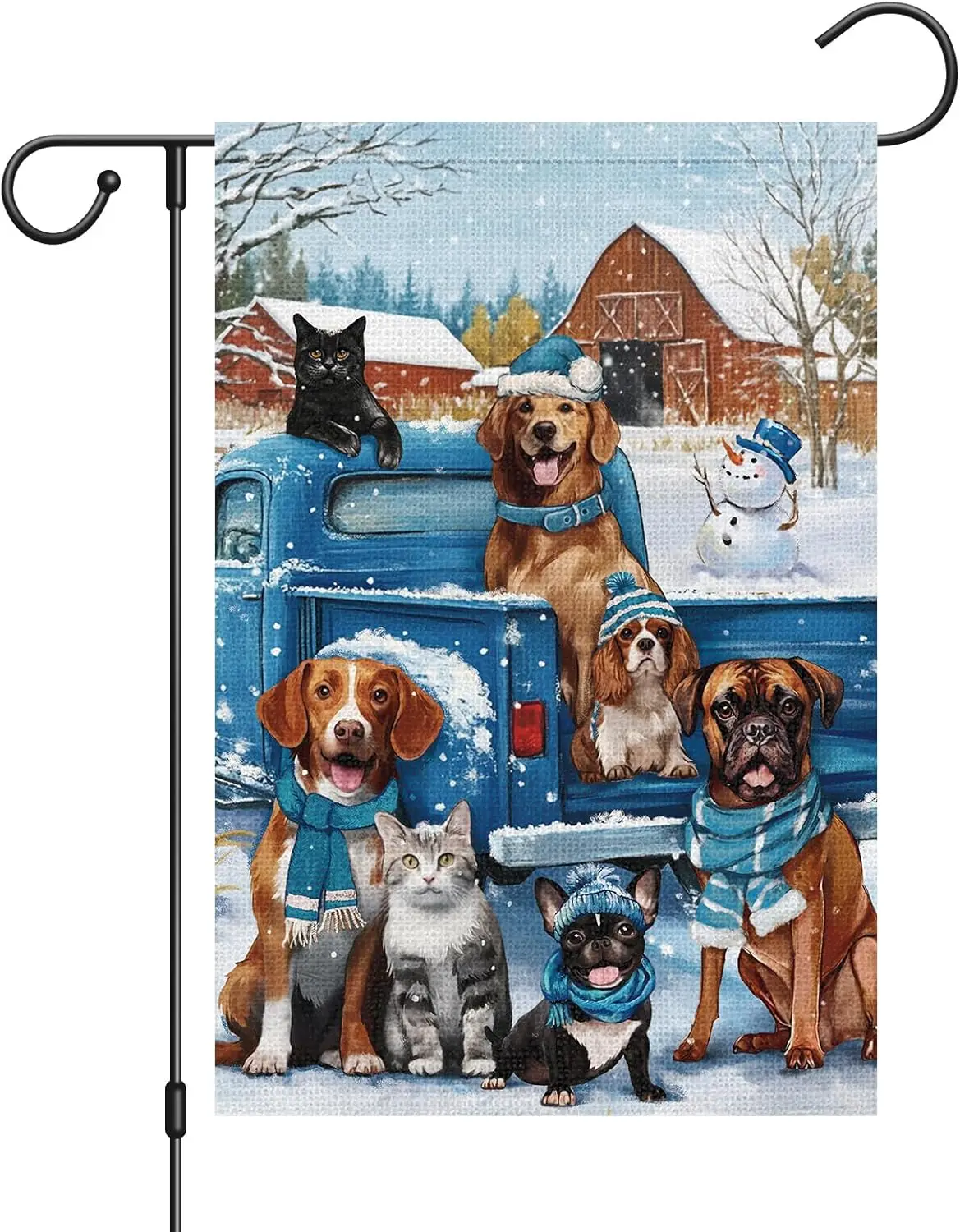 Winter Garden Flags for Outside, Burlap Truck Dogs and Cats Welcome Winter Snow Farmhouse Holiday Yard Outdoor Decorations 12x18