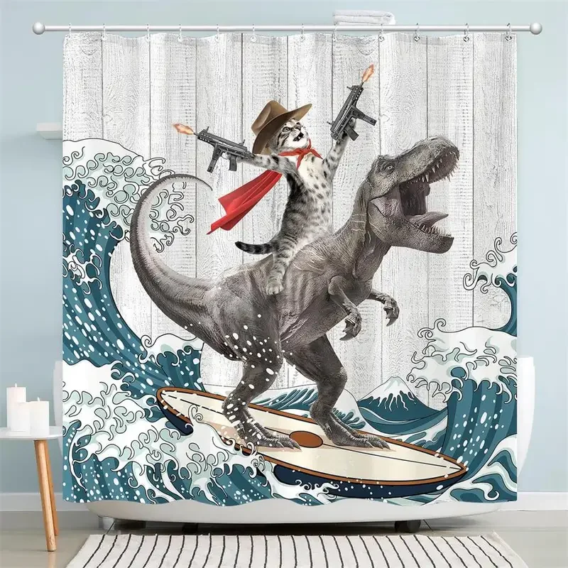 Funny cat shower curtains fun animal riding dinosaur nautical blue ocean sea waves Bath Curtain kids bathroom decor with hooks