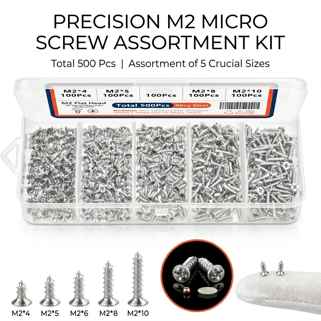 500PCS Mini M2 Self Tapping Screw Kit Phillips Flat Head Assortment Set for Laptop Electronics Repair DIY 5 Sizes