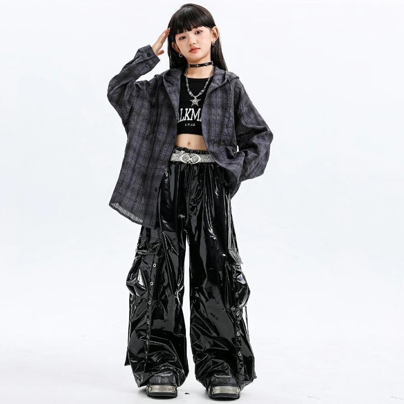 Costumi di danza jazz per ragazze Camicia scozzese con cappuccio Pantaloni di pelle Cool Kpop Outfit Gruppo Moda Hip Hop Street Dance Performance Wear