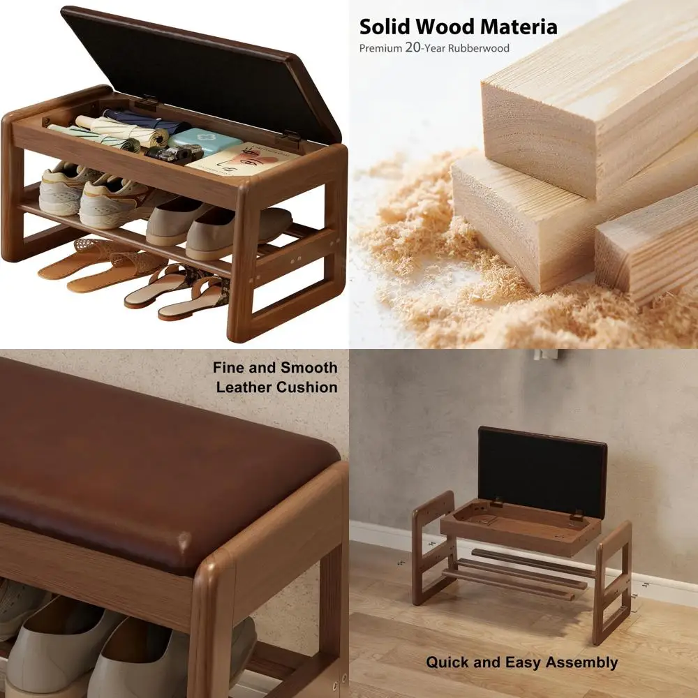 

Two-Tier Walnut Shoe Bench with Leather Cushion and Flip-Top Storage for Entryway