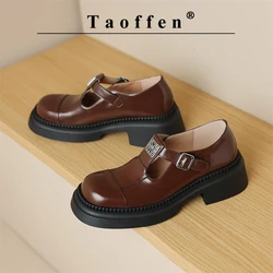 Taoffen Casual Loafers Genuine Leather Square Heel Metal Decoration Pumps Retro Round Toe Thick Sole Buckle Strap Office Shoes