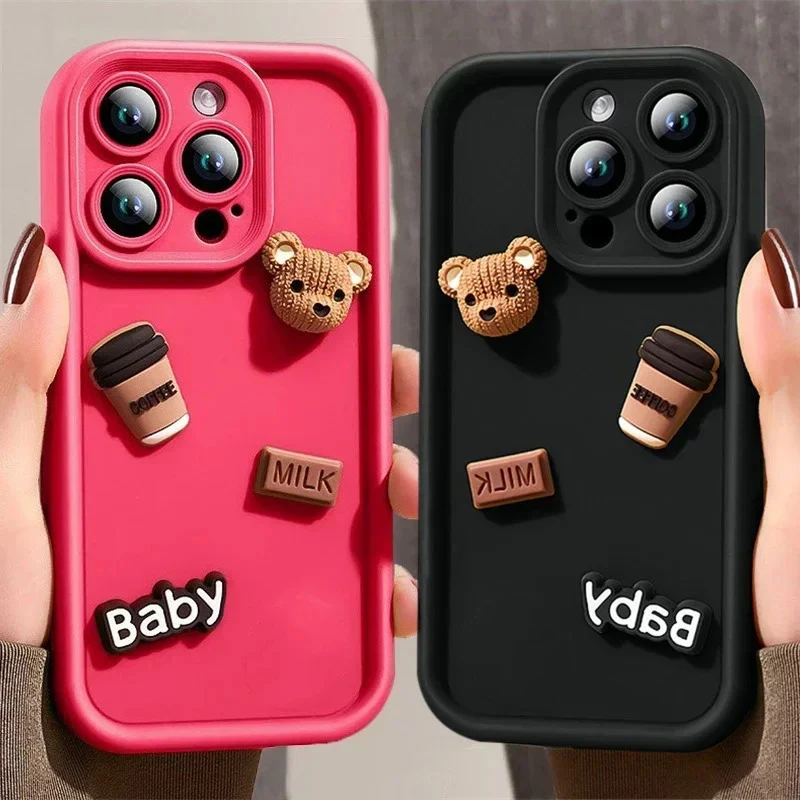 For iPhone 15 Case 3D Coffee Bear Silicone Phone Cover for iPhone 15 14 13 12 11 Pro Max XR XS X 8 7 Plus SE 2020 Candy Cover