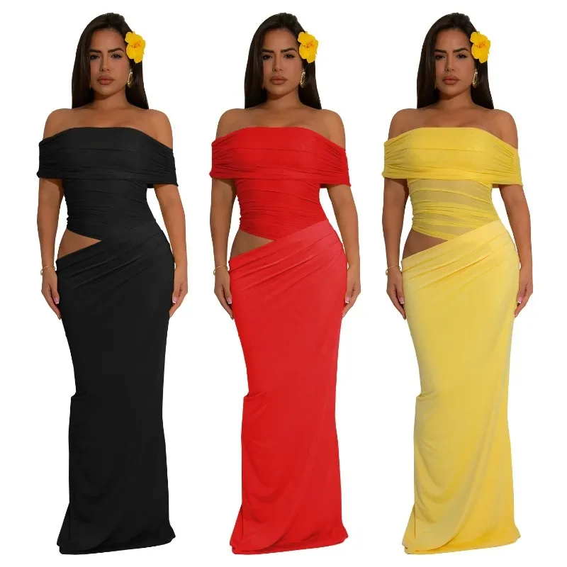 Hermosos vestidos largos fruncidos con hombros descubiertos para mujer, trajes amarillos, Vestido de playa drapeado de malla transparente elegante