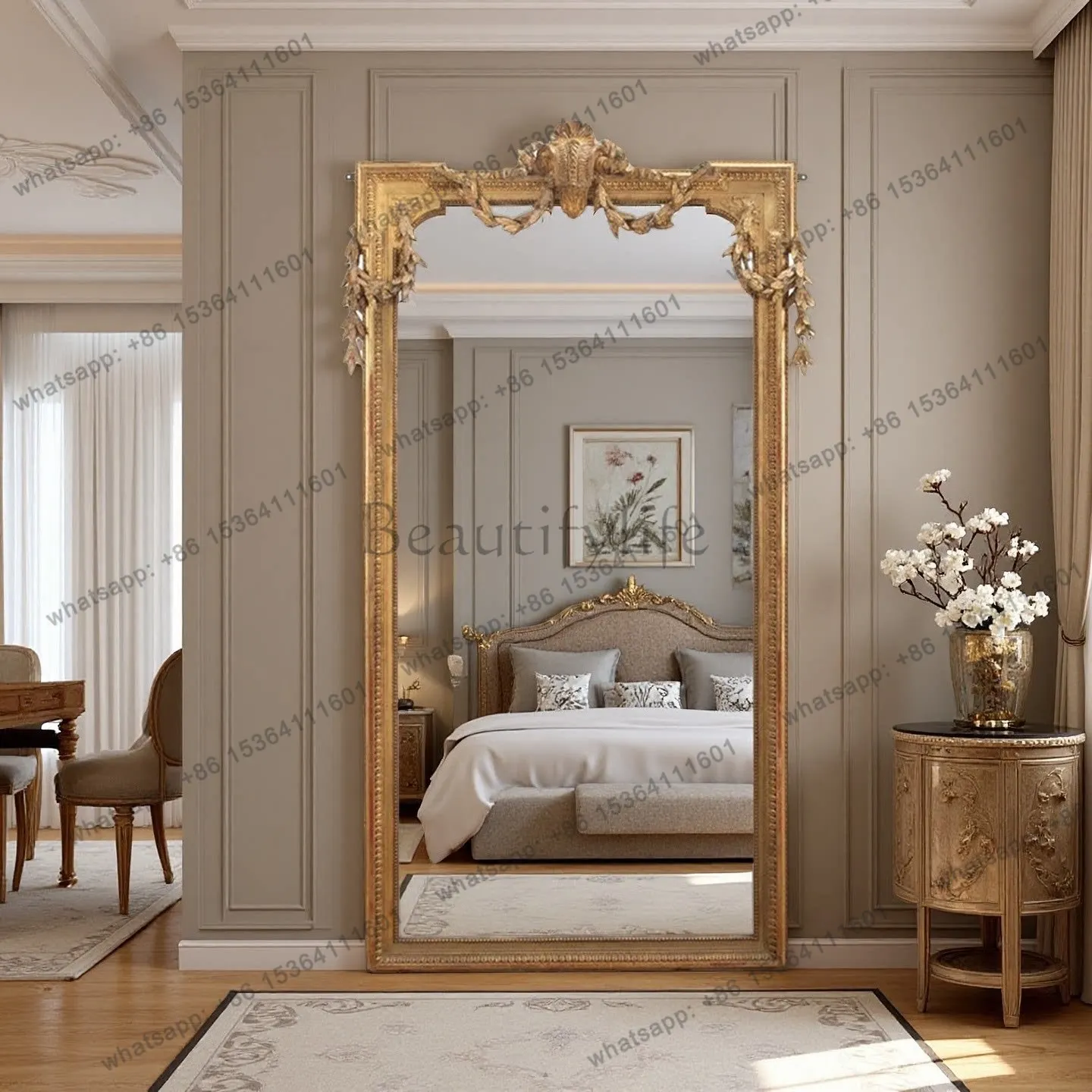 D33 French classical wooden frame vintage carved whole body home clothing store antique dressing mirror