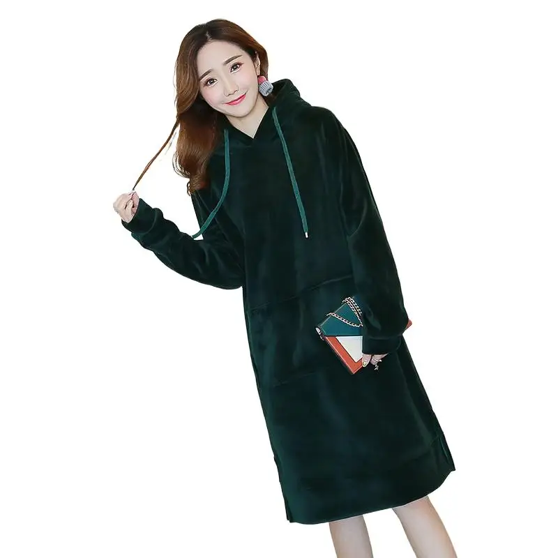 Women Winter Fashion Velvet Dress Autumn Casual Loose Hooded Dress Long Sleeve A Line Midi Dress Elegant Vestido vintage clothes