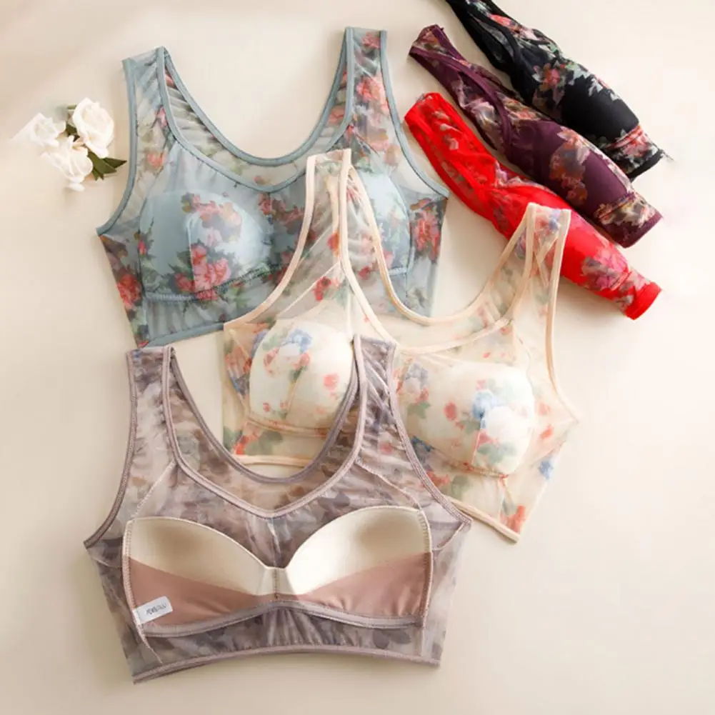 Mid-aged Women Bra Mesh Thin Plus Size Floral Print Wide Shoulder Strap Anti-snagging Push Up Seamless Mother Bra 90%