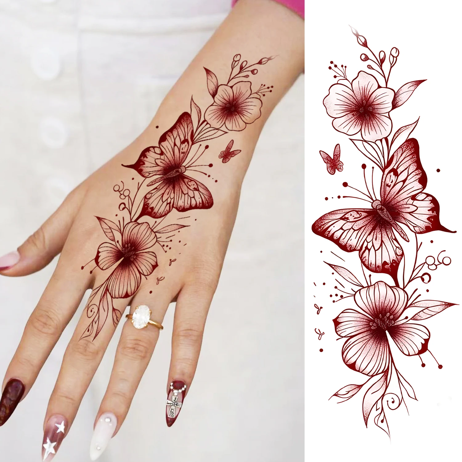 1 Sheet Colorful Butterfly Flower Crescent Temporary Tattoos Women Hand Foot Back, Fake Tattoo Sticker Realistic Tatoo Last Long