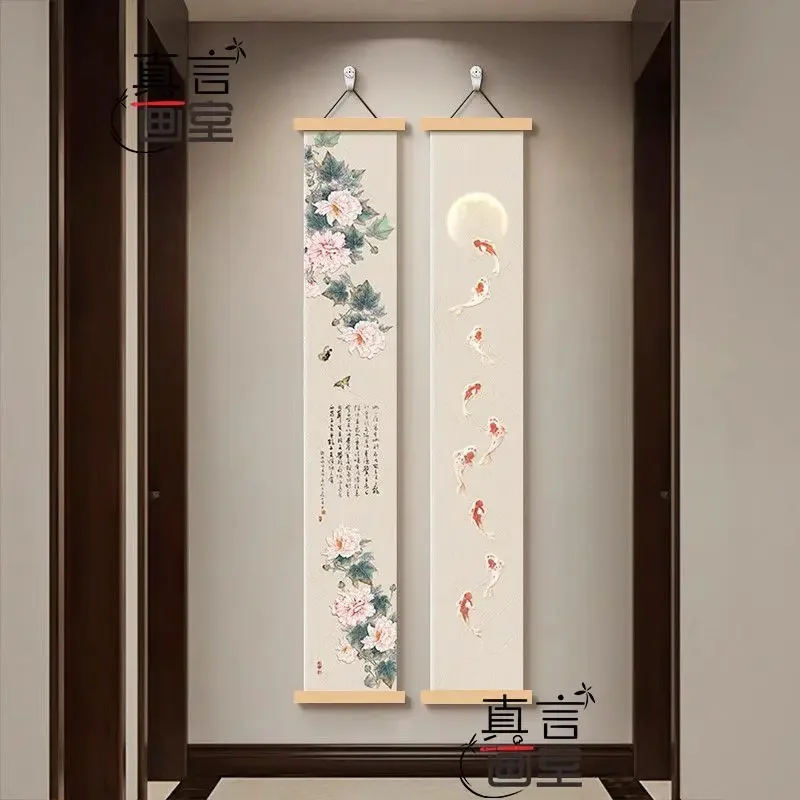 VIKAMA Vertikaler Rollbild-Wandbehang mit chinesischer Pfingstrose, Koi-Fisch und Mond, orientalische Tuschemalerei, Dekoration für Wohnzimmer und Eingangsbereich – Detail 4