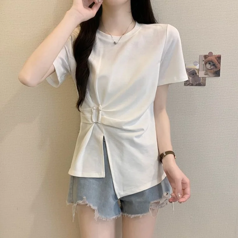 Black Twist Front Short Sleeve T Shirt Women Casual Loose Fit O Neck Tee Summer Lightweight Top for Daily Wear and Office