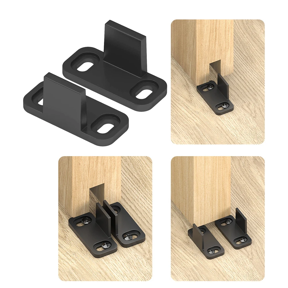 2pcs Adjustable Sliding Barn Door Floor Guides w/screw T-shape Bottom Bracket Stay Roller 4.5 x 2 cm Black Plastic Silent Stable