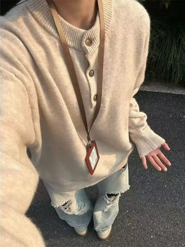 

Мужской зимний свитер в стиле ретро с воротником Генри, на пуговицах, плотной вязки, свободного кроя, для пар, повседневный топ