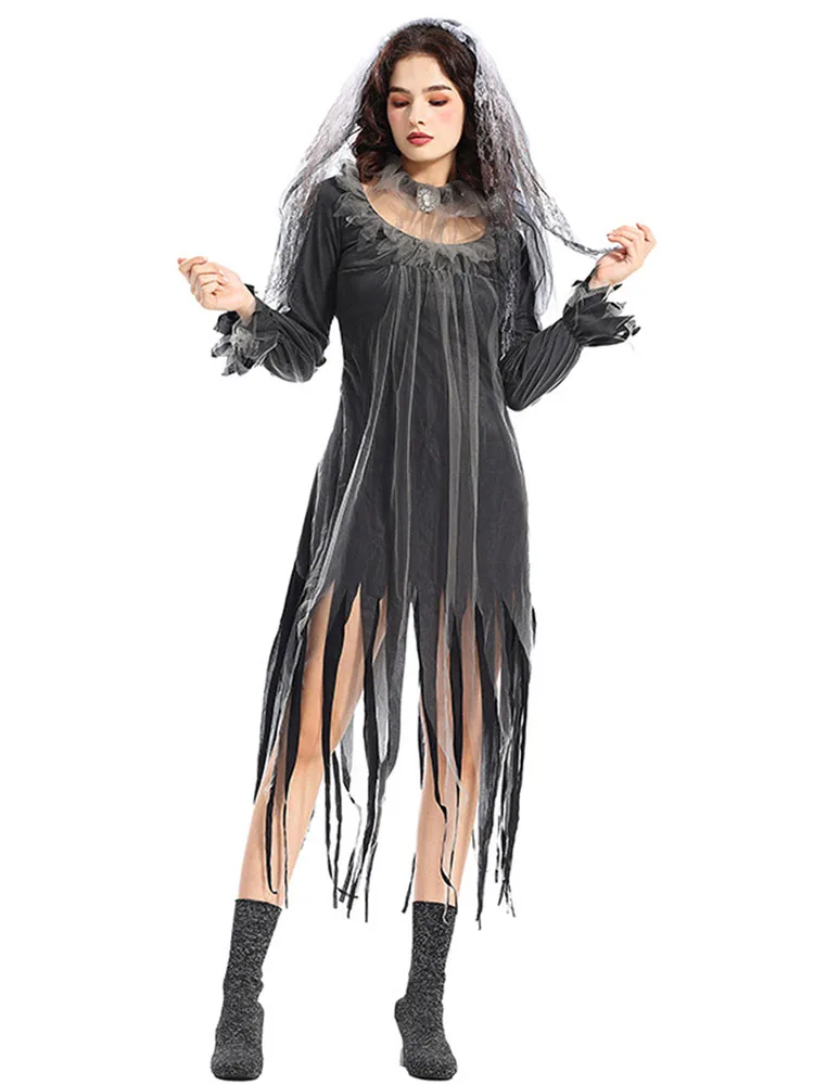 Horror noiva zumbi dr ey traje feminino faion loween par desempenho bar ds evento poliéster dr