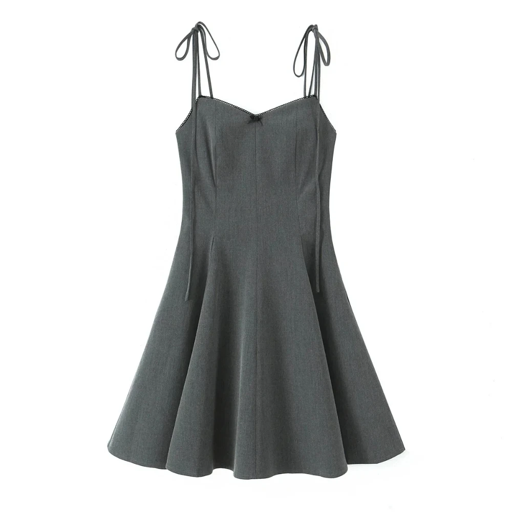 KONDALA Autunno Dolce Grigio Mini Abito da Donna Impiombato Breve Pizzo Papillon Cami Dress 2025 Estate Nuova Moda Vacanza Data Mujer Dres