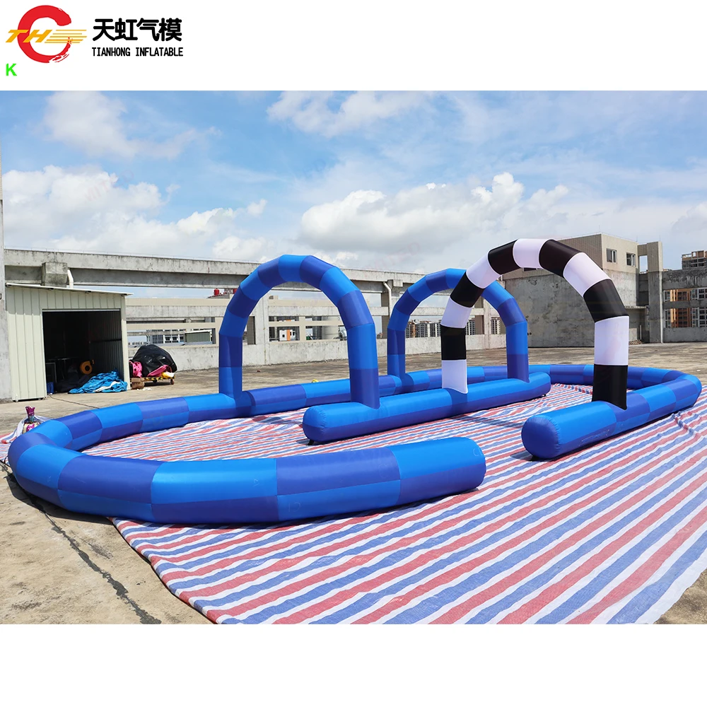 Pista de carreras de bola Zorb inflable azul, tela Oxford, pista de carreras de Gokart inflable con soplador, 12x6m, envío rápido por aire