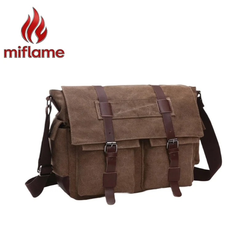 Men's Canvas Messenger Bag Crossbody Shoulder Bag for Laptop Multiple Pockets Large Capacity Work Commute Travel Casual