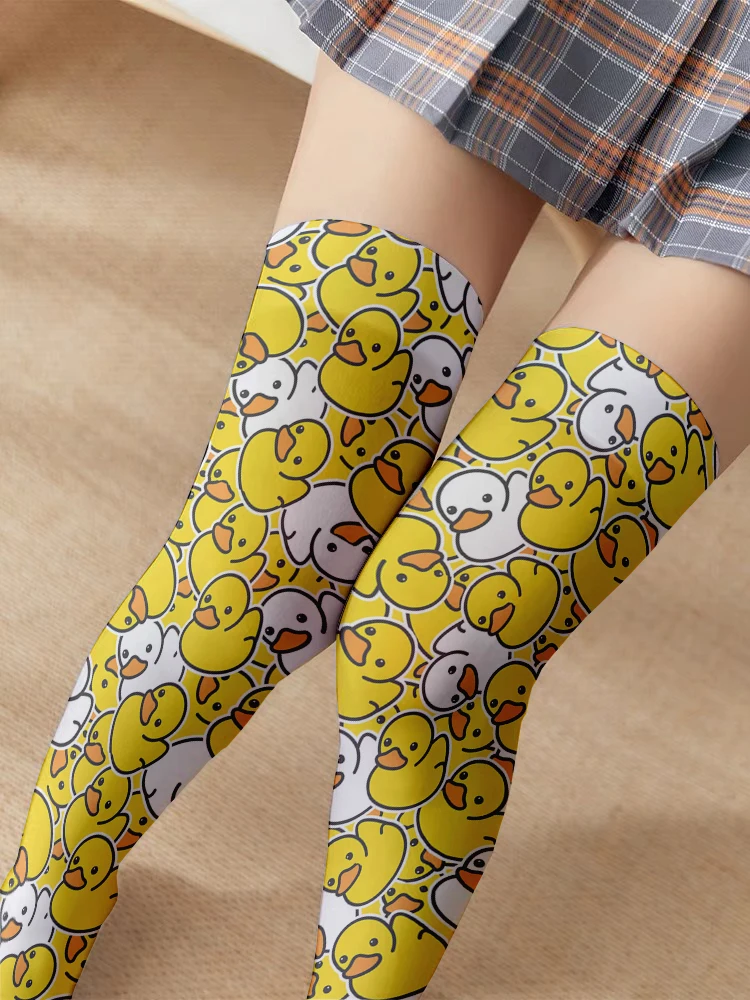 Fashion yellow cartoon duck women's stockings 3d printing Harajuku Lolita JK girl in knee stockings Kawaii sweet stockings