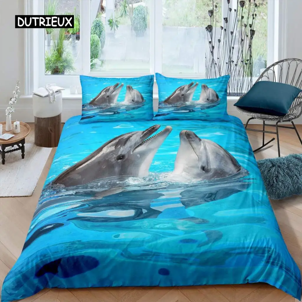 

Kid Dolphin Duvet Cover Set King Size Cute Dolphin Marine Life Comforter Cover Microfiber Blue Wave Decor Quilt Cover for Teens