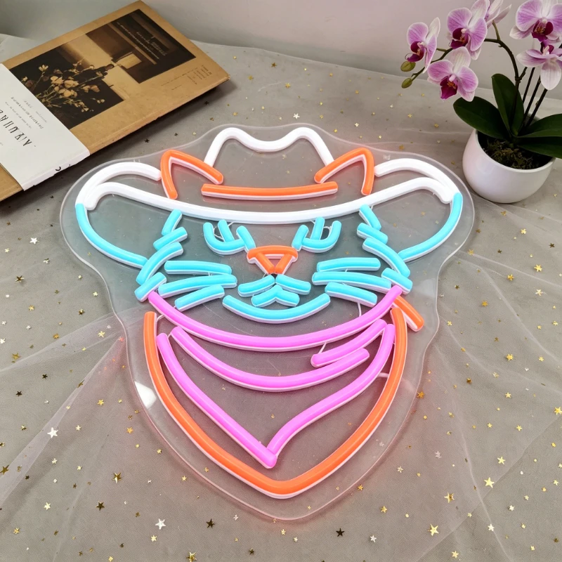 

Cute Cartoon Cat with Cowboy Hat LED Neon Sign Colorful Wall Art for Bedroom Bar Party Home Decor Creates Romantic Atmosphere