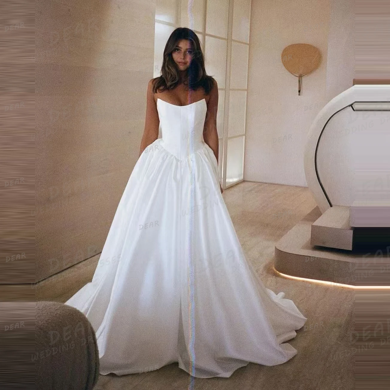 Simple Wedding Dresses Women's A Line Sexy Sleeveless Boat Neck Backless Bridal Gowns Satin Elegant Vestidos De Noche Customized