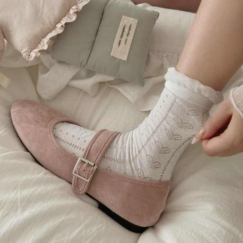 

Summer Women Socks Heart Hollow Out Cotton Thin Breathable Middle Tube Socks Women JK Sweet Girl Lolita Kawaii Cute Ruffle Socks