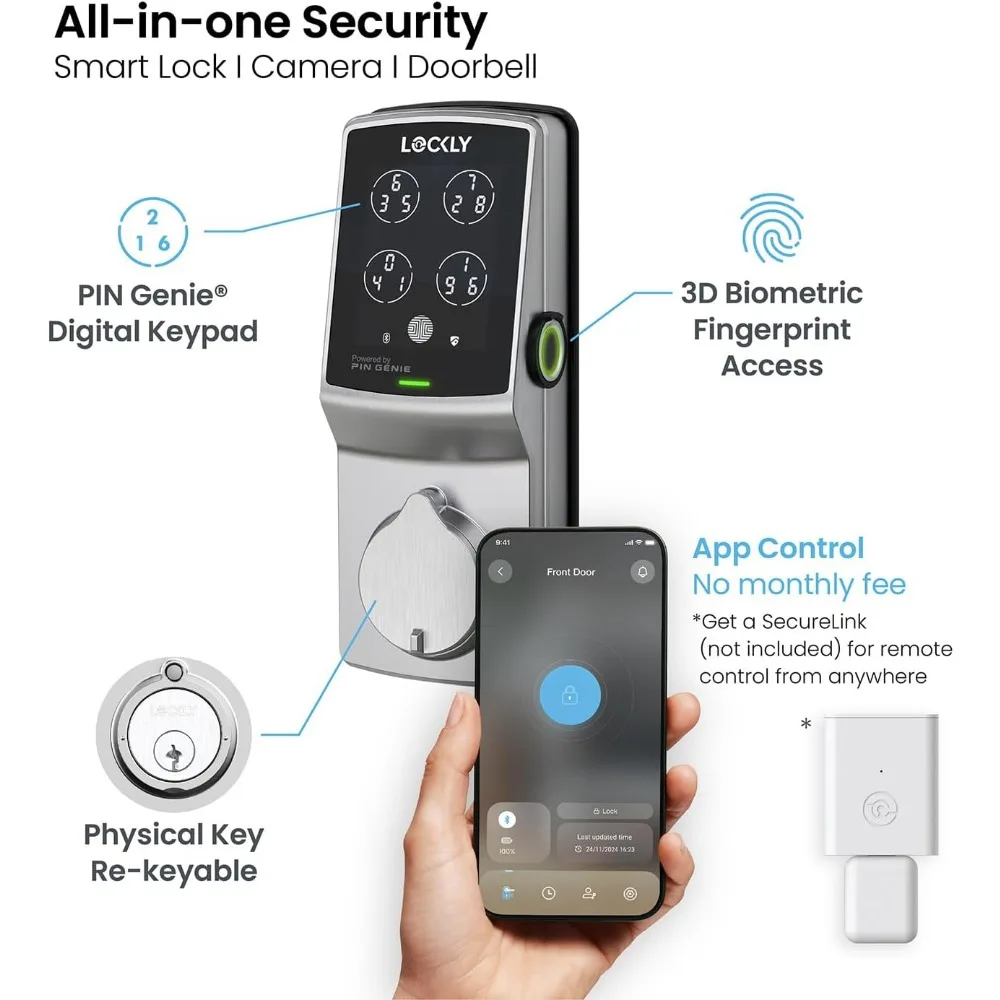 กุญแจล็อคประตูแบบไร้กุญแจ Secure Plus, ระบบล็อคอัจฉริยะสำหรับประตูหน้าบ้าน, ระบบล็อคแบบเดดบอลท์อัจฉริยะ, PIN Genie ®   แป้นพิมพ์, เครื่องสแกนลายนิ้วมือไบโอเมตริกซ์ 3 มิติ