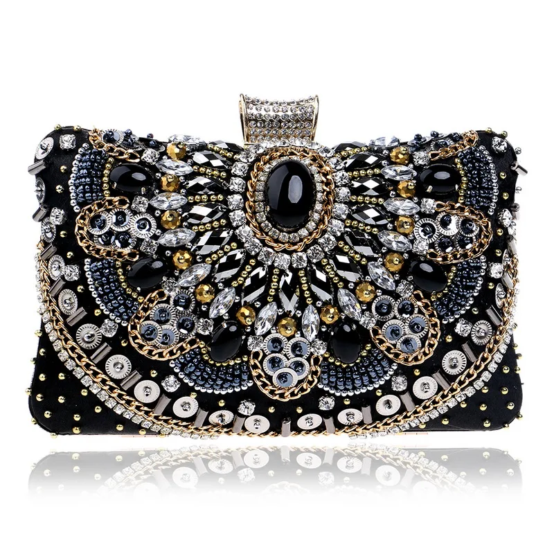 Vintage Women Black Beaded Evening Clutch Bags Ladies Box Metal Clutches Wedding Cocktail Party Handbags Purses