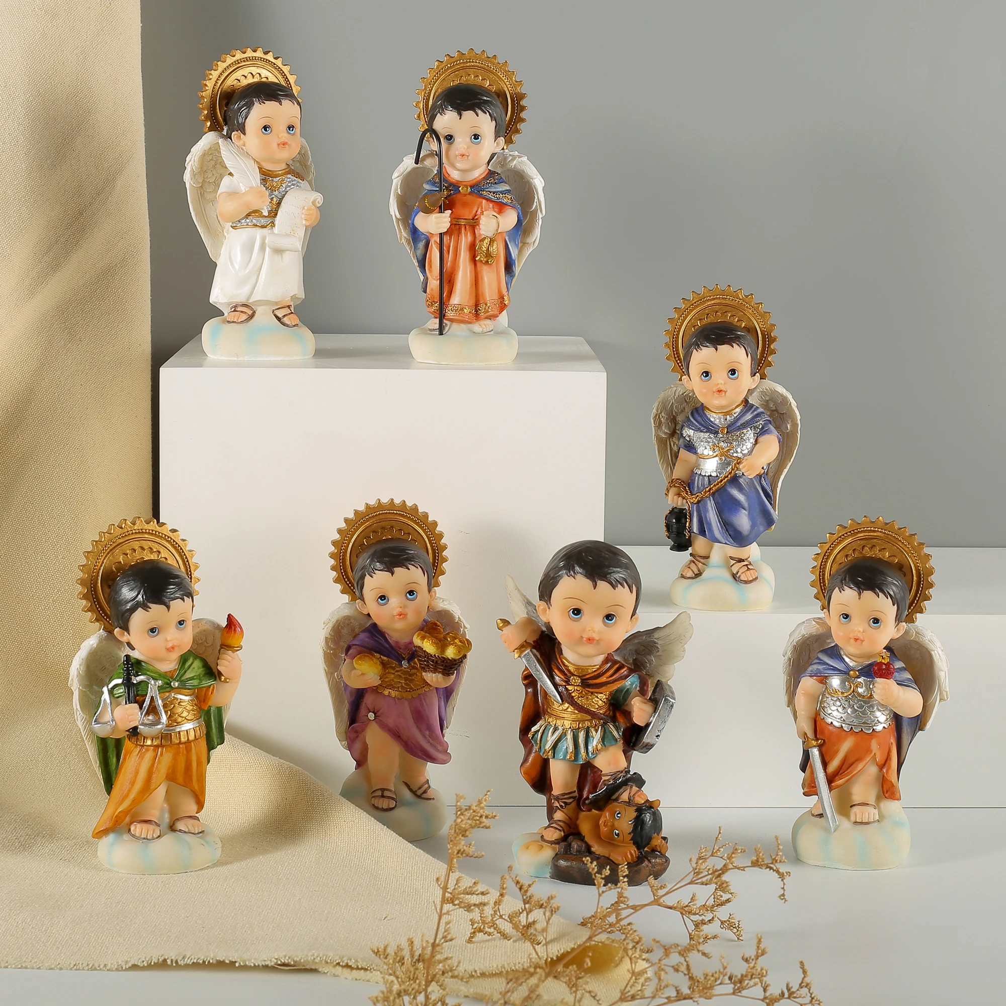 

Zayton Catholic Statue Seven Archangels Michael Raphael Zadquiel Barachiel Uriel Gabriel Jofiel Cartoon Collection Figurines Set