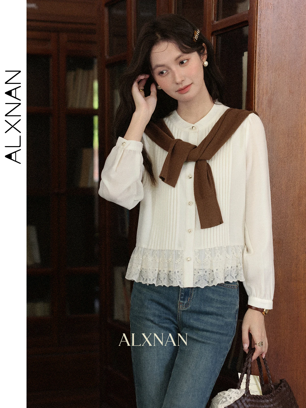 

ALXNAN Women's Shirt Apricot Lace-paneled Hem Elegant Heart-shaped Metal Buttons Blouses 2025 Autumn New Long Sleeve Tops L56920
