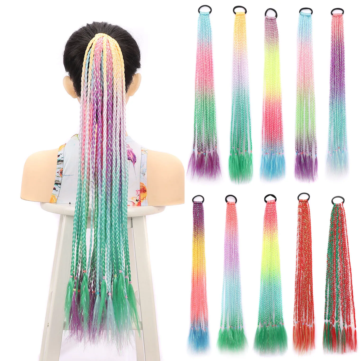 

Jeedou Synthetic Ponytails Colored Braided Ponytail Hair Extensions Rubber Bands Fixing Rainbow Multicolor Hairpiece for Girls