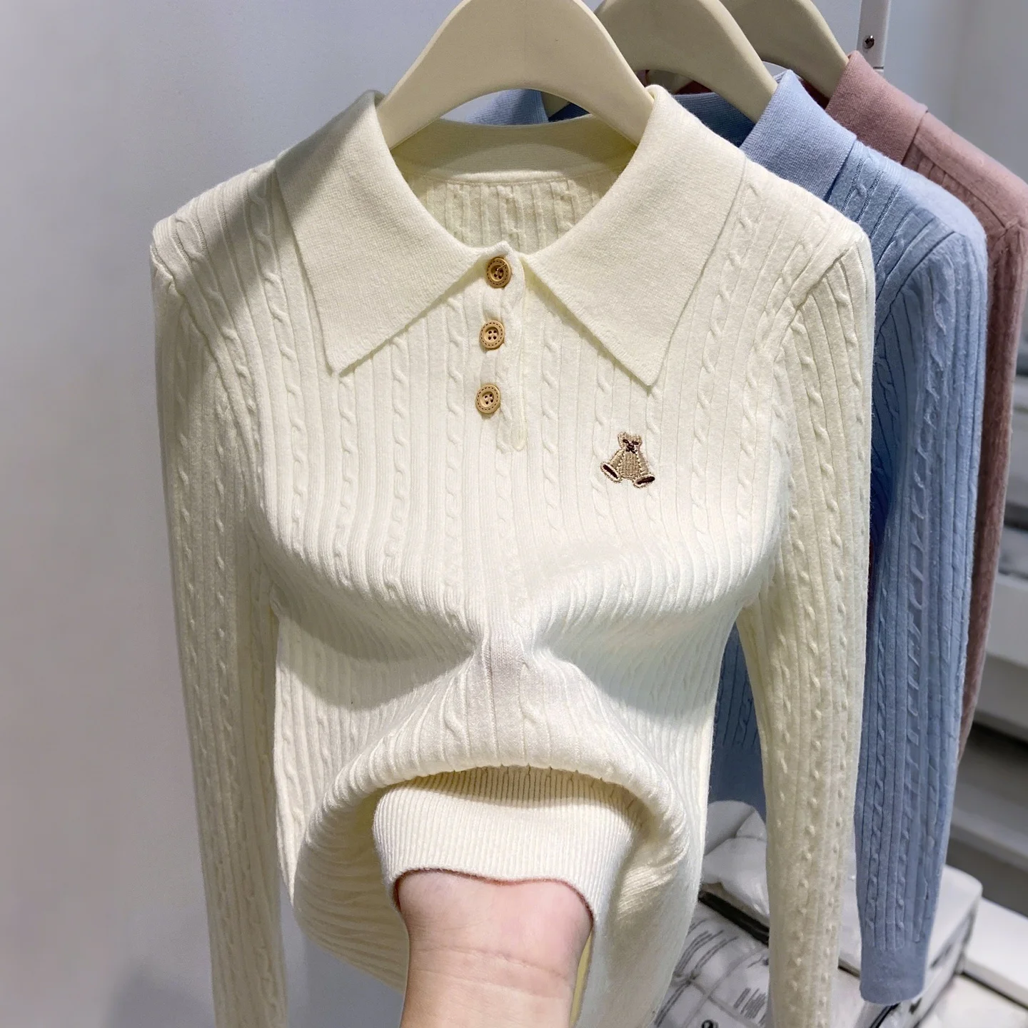 

White Collar Embroidered Long Sve Knitted Sweater Women's Faionable Inner Wear Top Korean Sle Slim Fit Commute Wind