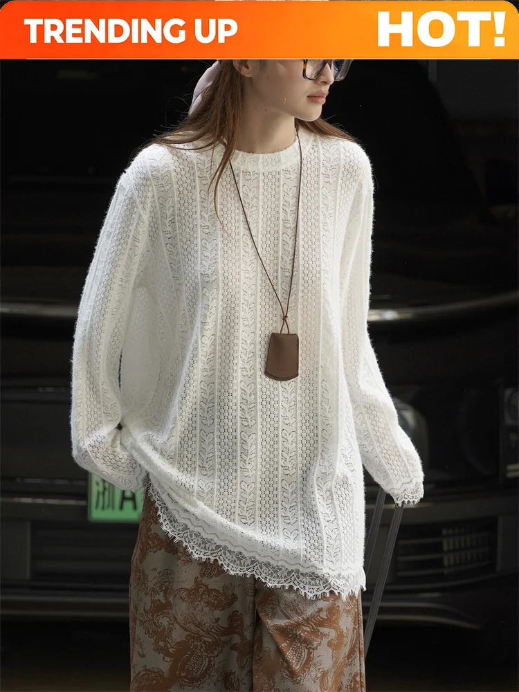 Customization 2026 Early Autumn Vintage White Pattern Texture Splicing Lace T-shirt Women Lightweight Transparent Top Tees White