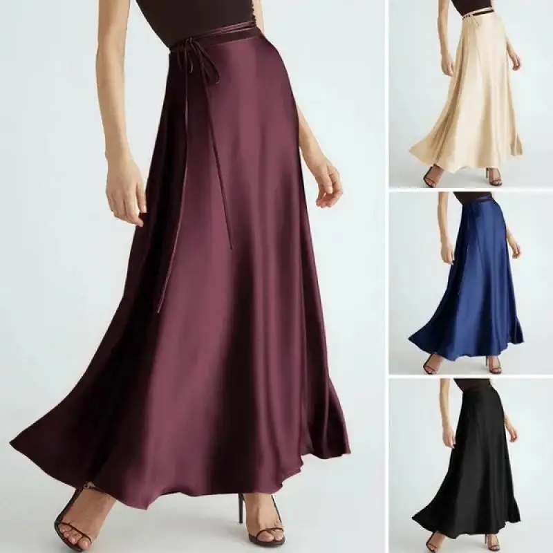 

2024 Solid Woman Long Skirt Retro High Waisted Lace Up Skirts for Female Fashion Party New Spring Summer Boutique Office Lady