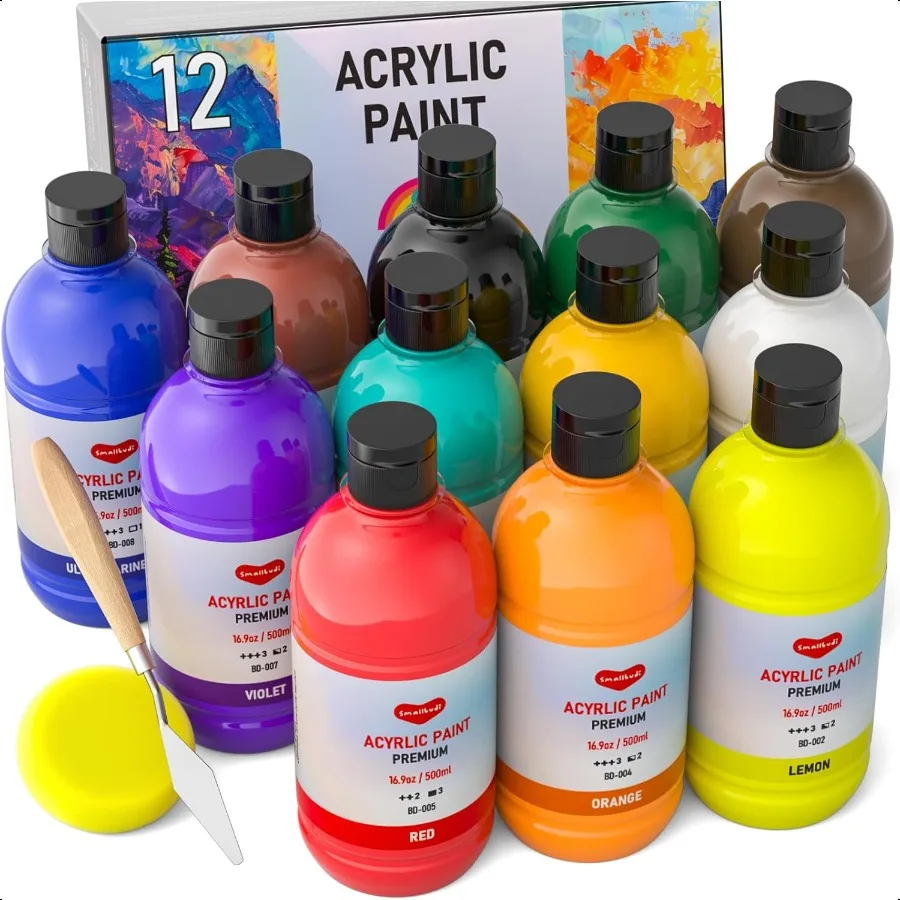 

12 Colors Large Acrylic Paint Set 16.9 oz500 ml Bulk Acrylic Paint NonToxic Art Painting plies on Multi Surface Canvas Wood Cra