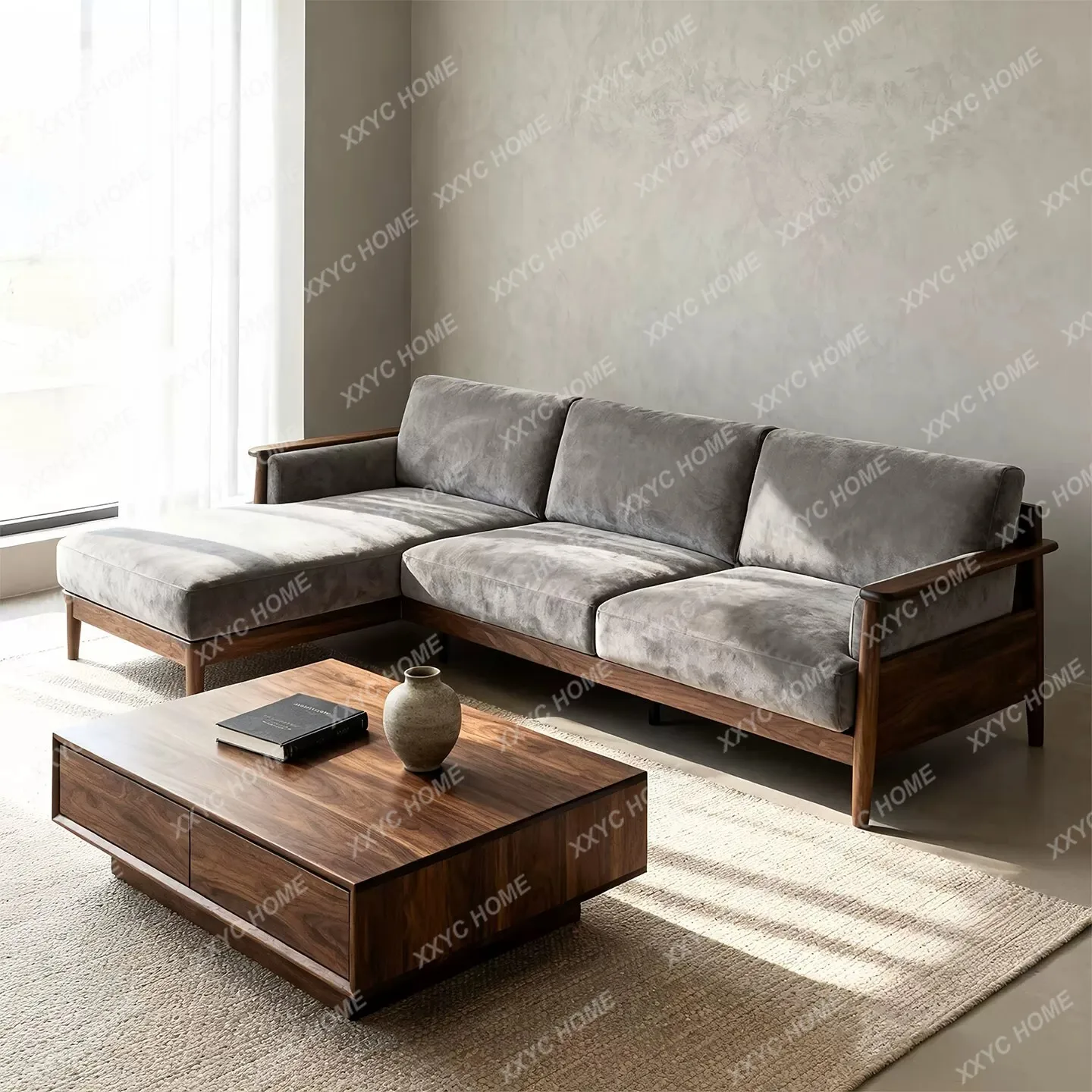Black walnut sofa modern minimalist aesthetics living room home straight row fabric sofa