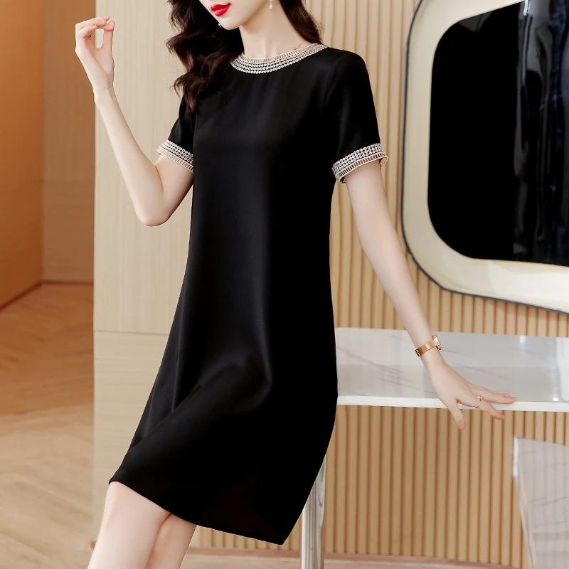 2023 Spring/Summer New Silk Short Sleeve Dress Women's O-Neck Black Satin Patch Loose Large Medium Length Silk Skirt