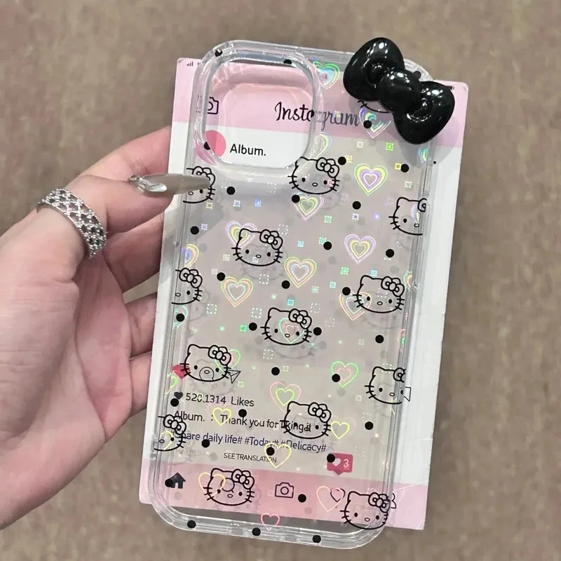 Полноэкранный чехол для телефона Hello Kitty Black Dot Line KT для iPhone 16 15 14 13 12 11 Pro Max XR XS MAX 7 8Plus Y2K Pink Girl Laser