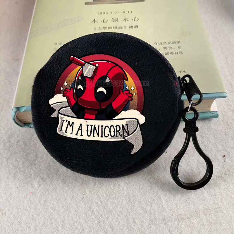 Deadpool & Wolverine Coin Purse Black Plushes Wallet Round Kids Cute Bag Zipper Clutch Money Clip Super Hero Print Card Holders