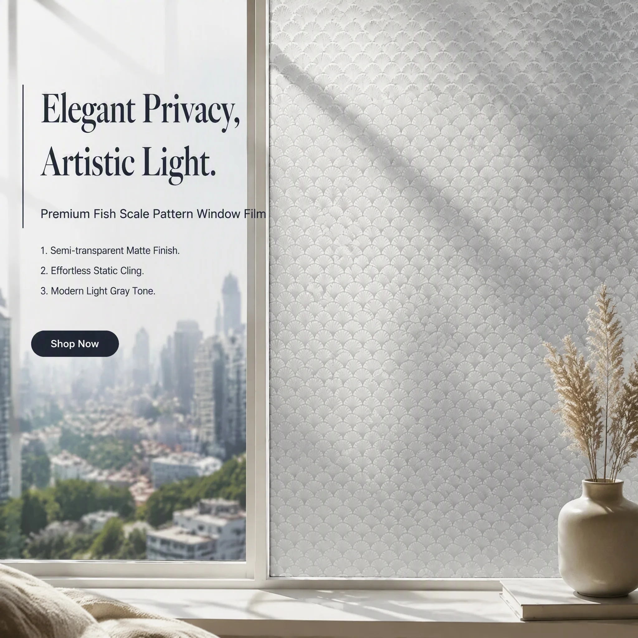 3D Embossed Fish Scale Frosted Window Film Self-Adhesive Waterproof UV Block Removable No Residue Semi-Transparent Glass Stick