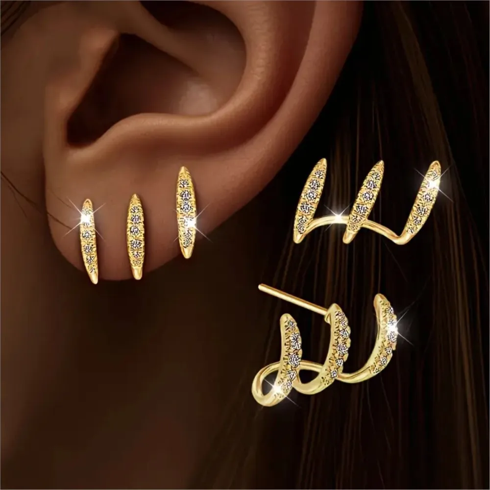 Sparkling Curved Cubic Zirconia Stud Earrings for Women Luxury Geometric Earrings Holiday Party Jewelry Gift Fashion Accessories