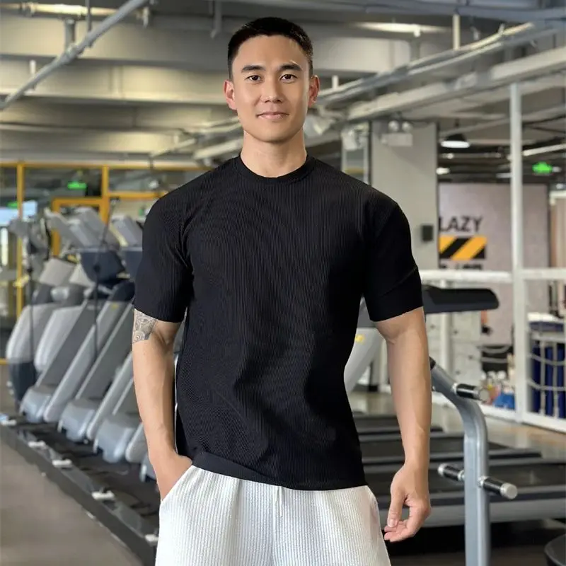 2024 summer new solid color vertical grain casual men's short-sleeved T-shirt top jogger elastic fitness crewneck sportwear